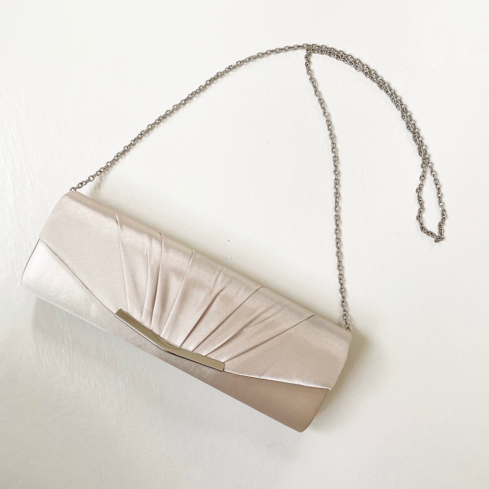 RSVP Medal Edge Ruched Clutch Bag Pearly Tan Color